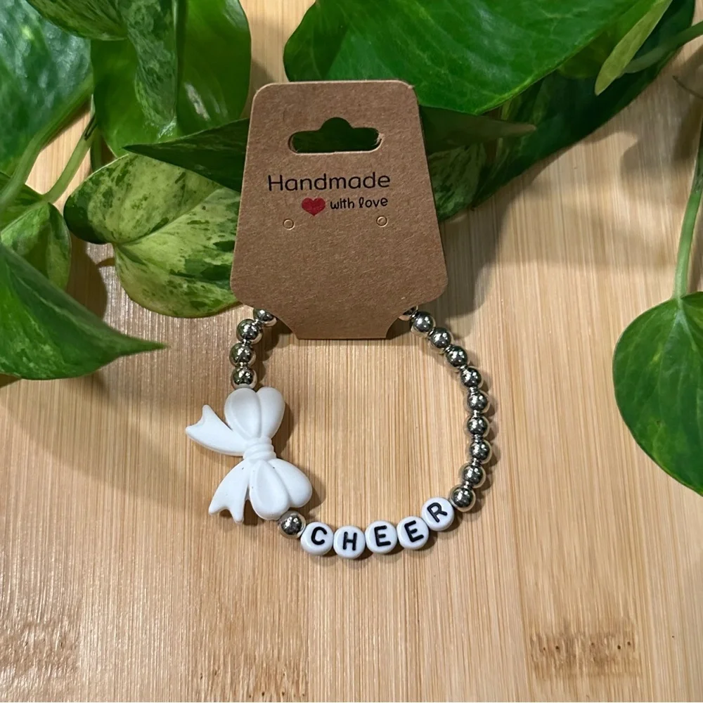 Silver Kids’ Stretchy Beaded‎ Cheer Bracelet | Handmade | Silicone Bow 📣✨